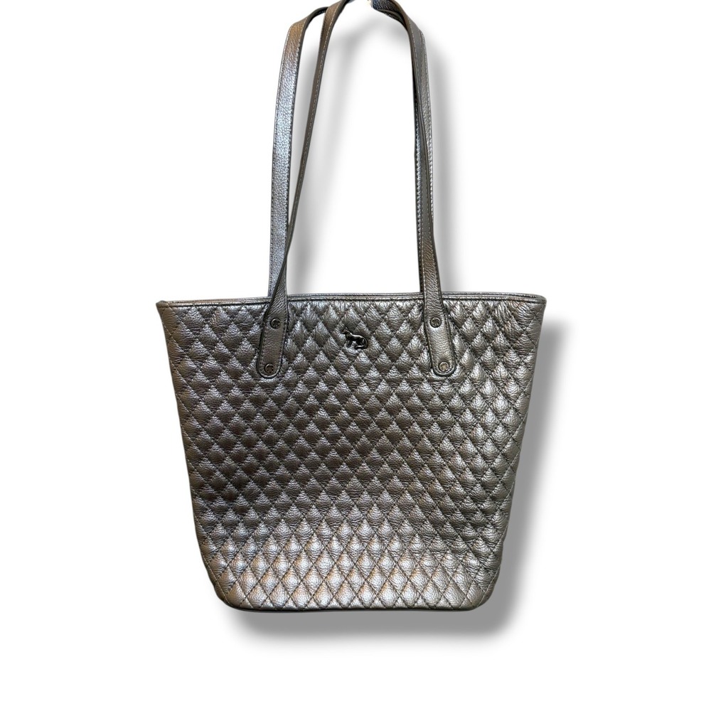 Emma Fox Quilted Leather Tote Bag Pewter Metallic Silver Shoulder Purse
